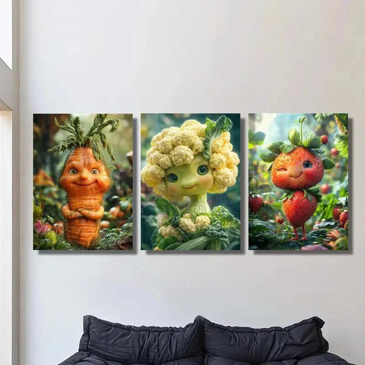 3pcs Smiling carrot cauliflower strawberry creature Metal Print Ready to Hang Art