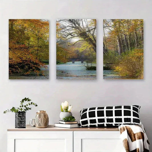 3pcs Autumn Forest Bridge Scenic Nature Landscape Metal Print Ready to Hang Art