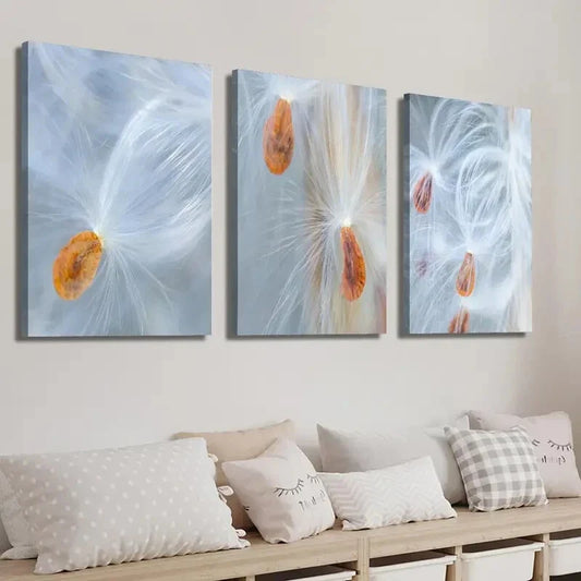 3pcs Vibrant Botanical Milkweed Seed Decor Wall Art Set Canvas Framed 40x60cm - High Quality Print 100% Australian Made Wall Canvas Ready to Hang