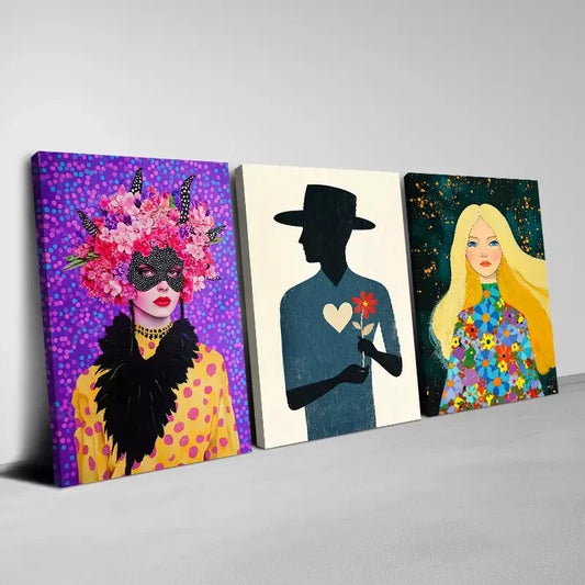 3pcs Modern Abstract Colorful Art Florals & Lady Wall Art Set Canvas Framed 40x60cm - High Quality Print 100% Australian Made Wall Canvas Ready to Hang