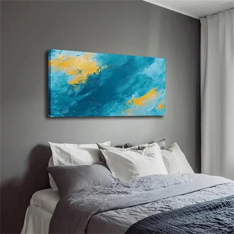 Bright Yellow Strokes Turquoise Wall Art Canvas Office Home Room Framed 120x60cm