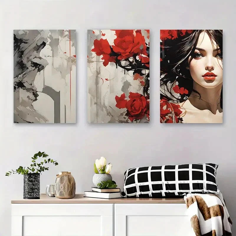 3pcs Radiant Red Rose Abstract Woman Metal Print Ready to Hang Art