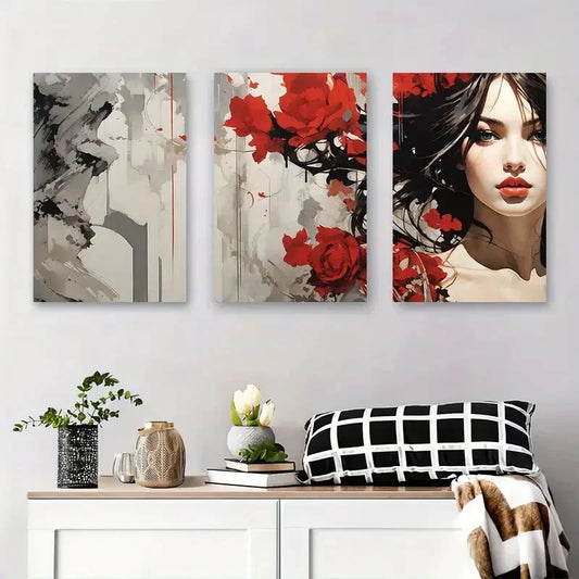 3pcs Radiant Red Rose Abstract Woman Metal Print Ready to Hang Art