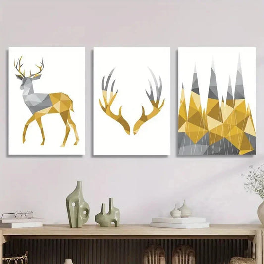 3pcs Geometric polygonal stag, Metal Print Ready to Hang Art