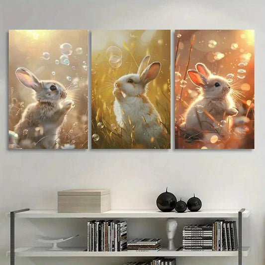 3pcs White Rabbit Grass Yellow & Golden Metal Print Ready to Hang Art