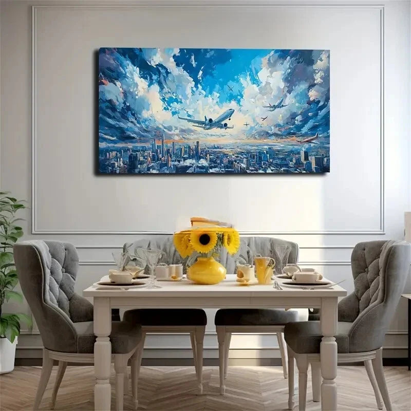 Cityscape with Airplanes Décor Wall Art Canvas Office Home Room Framed 120x60cm