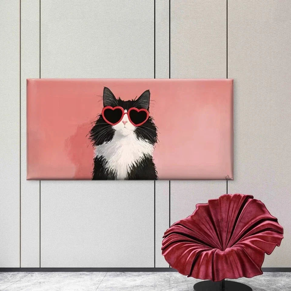 Cat with Heart Fashion Glasses Wall Art Canvas Office Home Room Framed 80x45cm