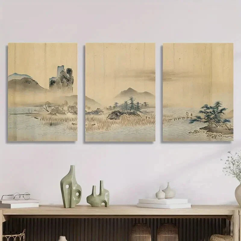 3pcs Ukiyo-e vintage Japanese landscape Metal Print Ready to Hang Art
