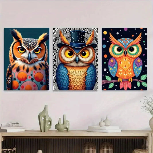 3pcs Vibrant Modern Colorful Owl Metal Print Ready to Hang Art