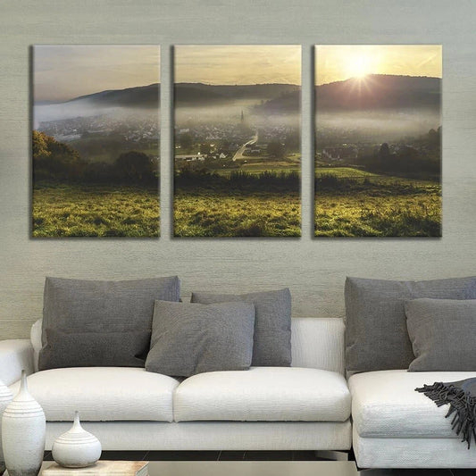 3pcs Scenery Misty Mountains And Golden Sunshine Metal Print Ready to Hang Art