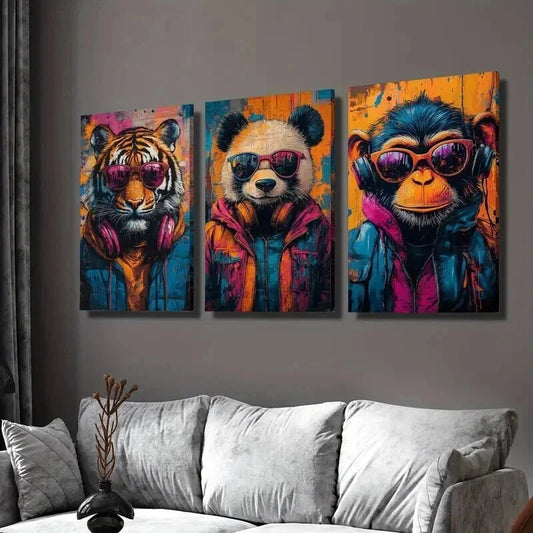 3pcs Tiger Panda and Gorilla Stylish Beasts Wall Art Set Canvas Framed 40x60cm - High Quality Print 100% Australian Made Wall Canvas Ready to Hang