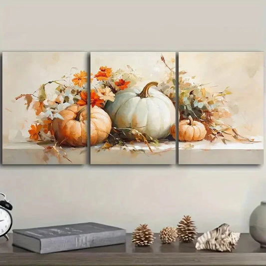 3pcs Paintings of pumpkins and flowers Metal Print Ready to Hang Art