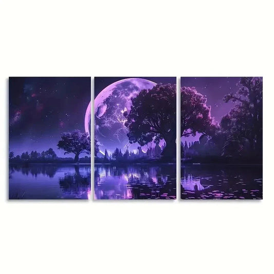 3pcs  large purple moon modern Metal Print Ready to Hang Art