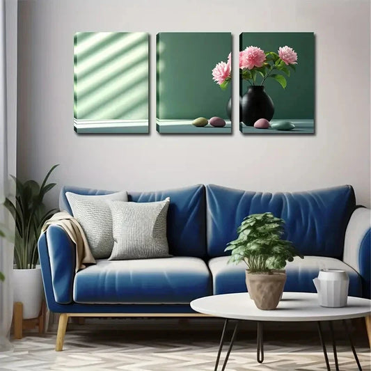 3pcs Sun Windowsill Peony Vase Realistic Perfect Wall Art Set Canvas Framed 40x60cm - High Quality Print 100% Australian Made Wall Canvas Ready to Hang
