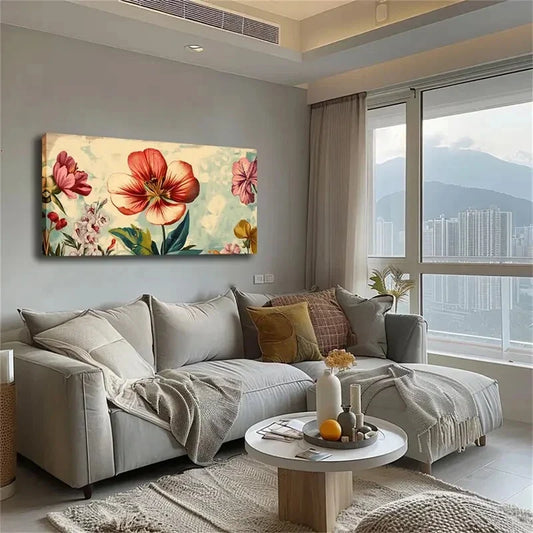 Orange & Blue Flowers Light Wall Art Canvas Office Home Room Framed 120x60cm