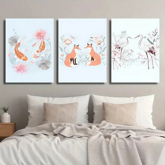 3pcs Koi Fox And Crane Cartoon Animals Botanical Metal Print Ready to Hang Art