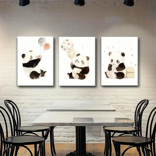 3pcs Cute Panda Nursery Playful Joyful Perfect Wall Art Set Canvas Framed 40x60cm - High Quality Print 100% Australian Made Wall Canvas Ready to Hang