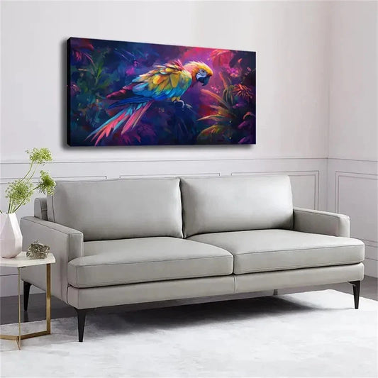 Vibrant Parrot with Tropical Wall Art canvas office home room framed 120x60cm