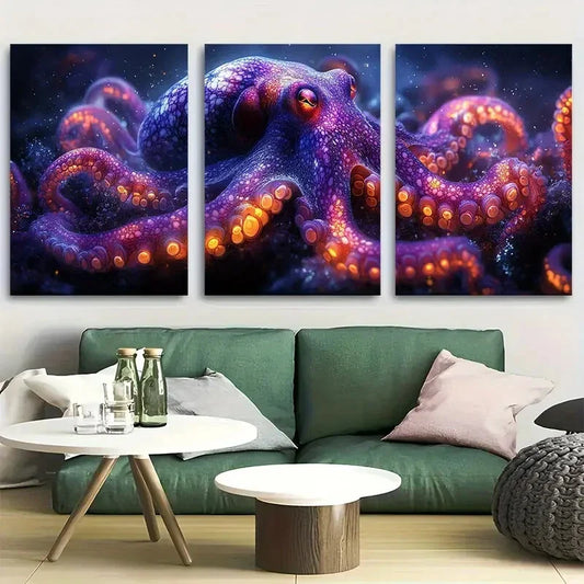 3pcs Mesmerizing Deep Sea Octopus Marine Life Metal Print Ready to Hang Art