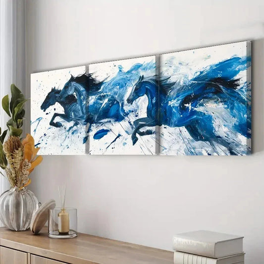 3pcs Black & Blue Horses Painting Décor Wall Art Set Canvas Framed 40x60cm - High Quality Print 100% Australian Made Wall Canvas Ready to Hang