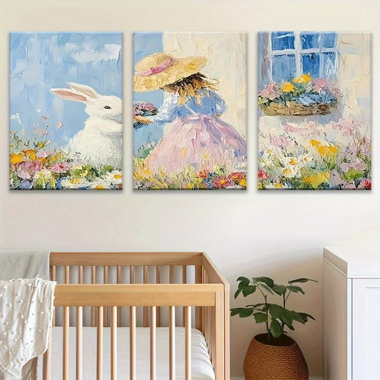 3pcs Vibrant Playful Lady Colorful Flowers Metal Print Ready to Hang Art