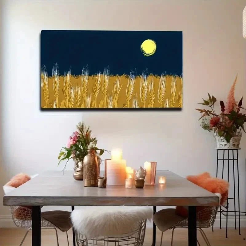 Wheat Field Moon Wall Art Canvas Office Home Room Framed 80x45cm