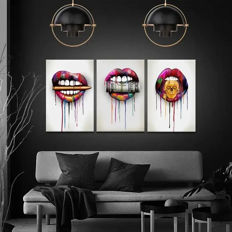 3pcs Abstract Lips with Bullet Money Dollars   Metal Print Ready to Hang Art