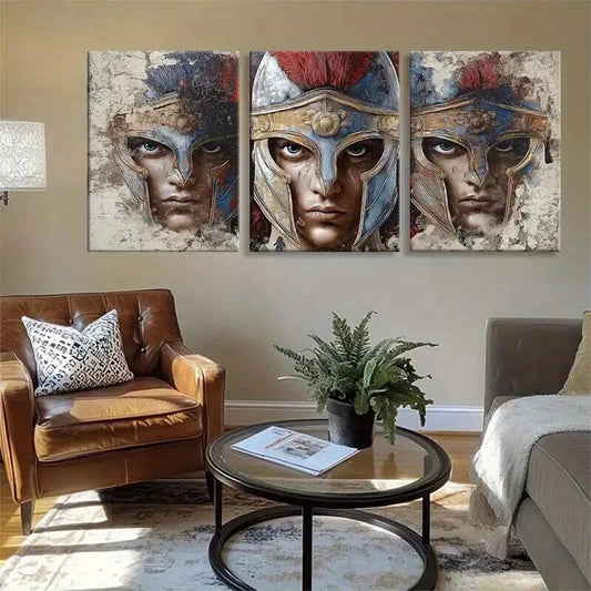 3pcs Intense Spartan Soldier Faces Fear Prefect Wall Art Set Canvas Framed 40x60cm - High Quality Print 100% Australian Made Wall Canvas Ready to Hang