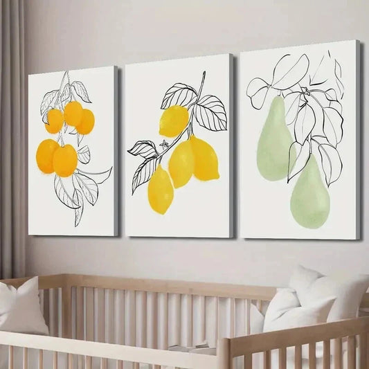 3pcs Line Drawing of Orange Lemon Pear Wall Art Set Canvas Framed 40x60cm - High Quality Print 100% Australian Made Wall Canvas Ready to Hang