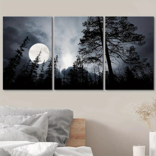 3pcs Black & White Moonlit Forest Seamless Metal Print Ready to Hang Art