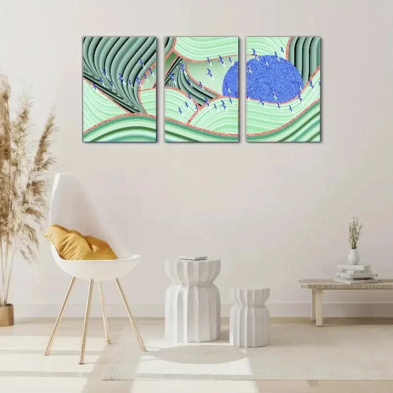 3pcs Flying Birds & Golden Sun Design, Metal Print Ready to Hang Art