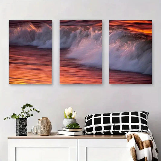 3pcs Vibrant Sunset Over the Sea Metal Print Ready to Hang Art