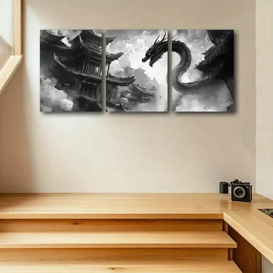 3pcs Chinese Dragon Design with Pagoda & Clouds Metal Print Ready to Hang Art