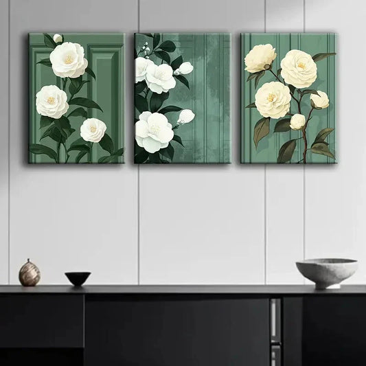 3pcs White Camellias in Full Bloom Perfect Wall Art Set Canvas Framed 40x60cm - High Quality Print 100% Australian Made Wall Canvas Ready to Hang