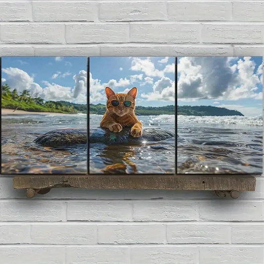 3pcs Cat on Beach Stone Blue Sky White Clouds Metal Print Ready to Hang Art