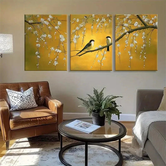 3pcs Birds & White Flowers on Yellow Perfect Wall Art Set Canvas Framed 40x60cm - High Quality Print 100% Australian Made Wall Canvas Ready to Hang