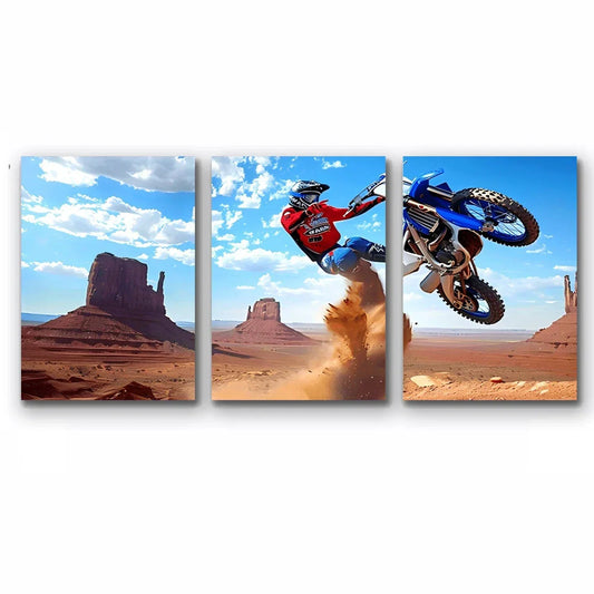 3pcs Blue and White Off-Road Bikes Black Wheels Metal Print Ready to Hang Art