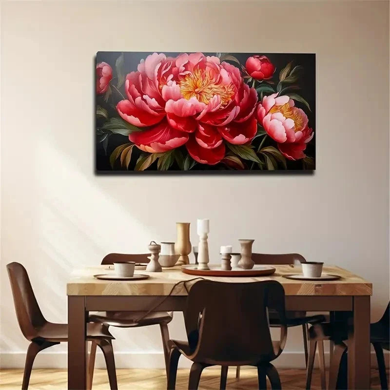 Deep Red Pink Peonies Dark Brow Wall Art Canvas Office Home Room Framed 80x45cm