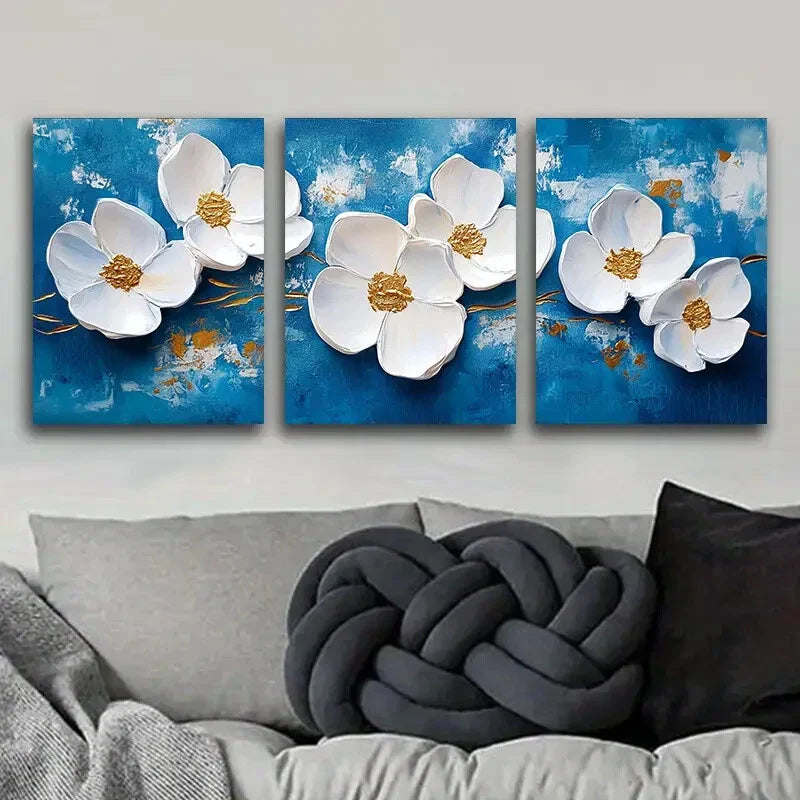 3pcs  White flowers on a blue background  Metal Print Ready to Hang Art