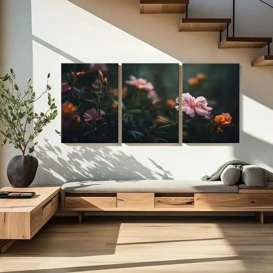 3pcs Soft Pink Flowers Green Leaves Nature Metal Print Ready to Hang Art