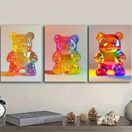 3pcs  Gummy Bear, Art Deco Art Painting Metal Print Ready to Hang Art
