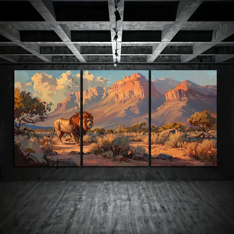 3pcs Lion Desert Walk Stone Mountain Blue Sky Metal Print Ready to Hang Art