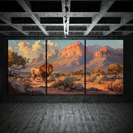3pcs Lion Desert Walk Stone Mountain Blue Sky Metal Print Ready to Hang Art