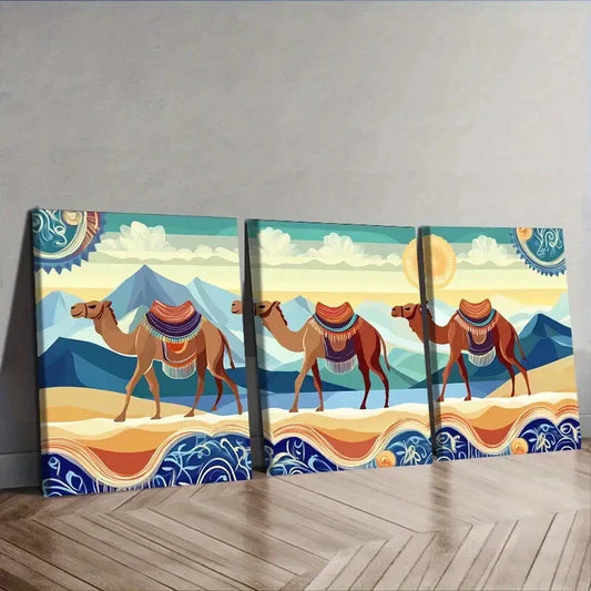 3pcs  A Caravan of Camels, Wall Art Set Canvas Framed 40x60cm - High Quality Print 100% Australian Made Wall Canvas Ready to Hang
