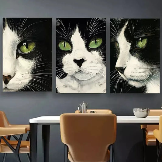 3pcsBlack and White Cat Artwork Canvas Framed 40x60cm - High Quality Print 100% Australian Made Wall Canvas Ready to Hang