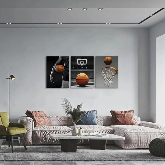 3pcs Basketball Sports Orange Black & White Metal Print Ready to Hang Art