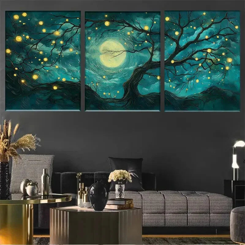 3pcs Art Deco Enchanted Forest Canvas Wall Art Metal Print Ready to Hang Art