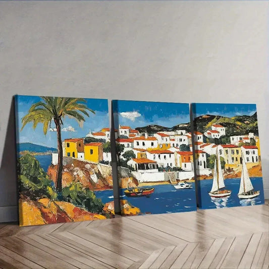 3pcs Caribbean houses and boats Wall Art Set Canvas Framed 40x60cm - High Quality Print 100% Australian Made Wall Canvas Ready to Hang