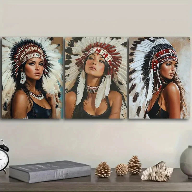 3pcs Indian girls wear feathered headdresses  Wall Art Set Canvas Framed 40x60cm - High Quality Print 100% Australian Made Wall Canvas Ready to Hang