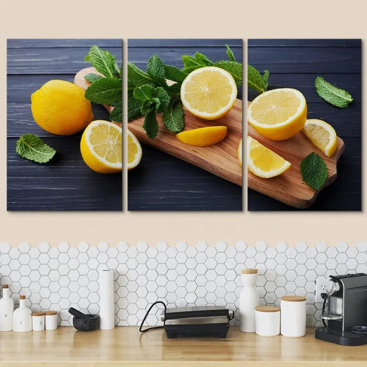 3pcs Lemon and Mint Leaves Black Rustic Table Metal Print Ready to Hang Art